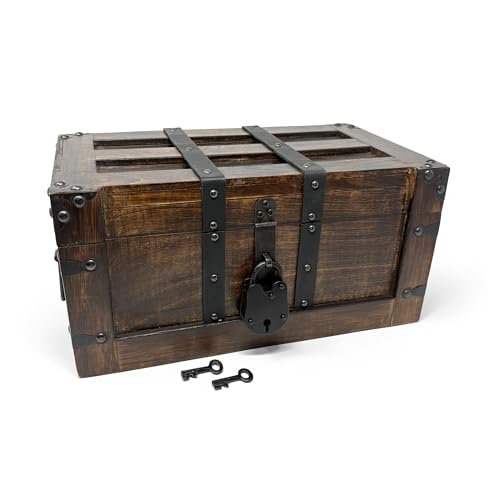 Large Nautical Cove Handmade Wooden Treasure Chest with Leather Straps & Lock, 14x8x6.75 inches
