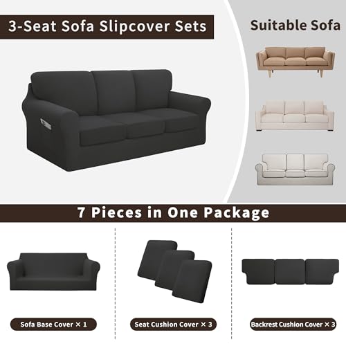 Stretch Sofa Couch Cover Set - Large Dark Grey 7 Pieces for 60-85 Inch Furniture