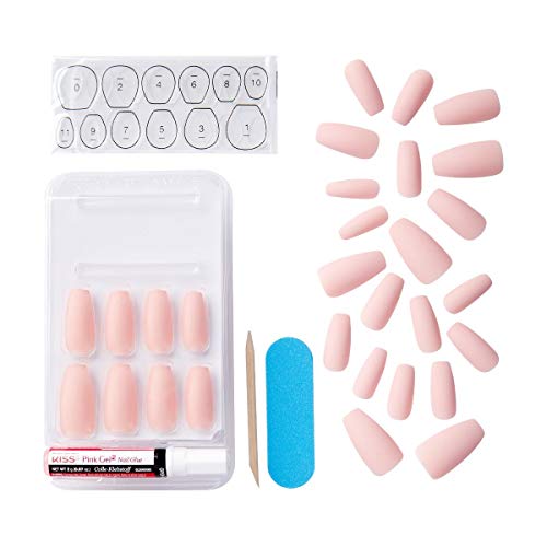 KISS Gel Fantasy Ready-to-Wear Press-On Gel Nails, ¡°All About You¡±, Long, Pink, Matte Finish, Nail Kit with 24 Mega Adhesive Tabs, Pink Gel Glue, Manicure Stick, Mini File, and 28 Fake Nails