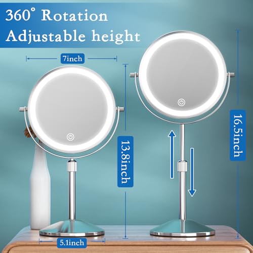 Rechargeable 7-Inch Lighted Makeup Mirror with 10X Magnification & Adjustable Height