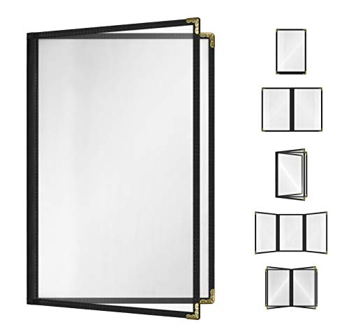 4-View Restaurant Menu Cover - 8.5 x 14 Black Vinyl with Gold Corners, Side-Loading, 2 Pages - Variation of THIS listing