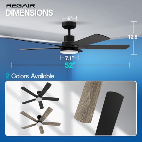 Matte Black 52-Inch Ceiling Fan with Light and Remote Control - Reversible DC Motor, Dimmable, Noiseless, Indoor & Outdoor