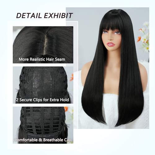 Black Long Straight Wig with Bangs 24 Inch Heat-Resistant Synthetic Cosplay & Party Wig - Black