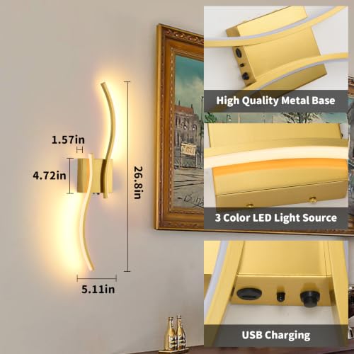 Battery Operated Wall Sconces Set of 2 - Gold, 26.8 Inch, 8000mAh, Dimmable