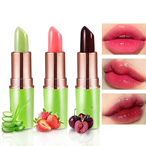 BINGBRUSH 3PCS Aloe Strawberry Cherry Color Changing Lipstick Set, Magic PH Mood Lipstick Long Lasting Moisturizing Lip Balm, Temperature Color Changing Lip Gloss,Hydrating Lip Care for Women