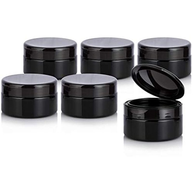 Black PET Plastic (BPA Free) Refillable Low Profile Jar with Black Flip Top Cap - 8 oz (6 Pack)