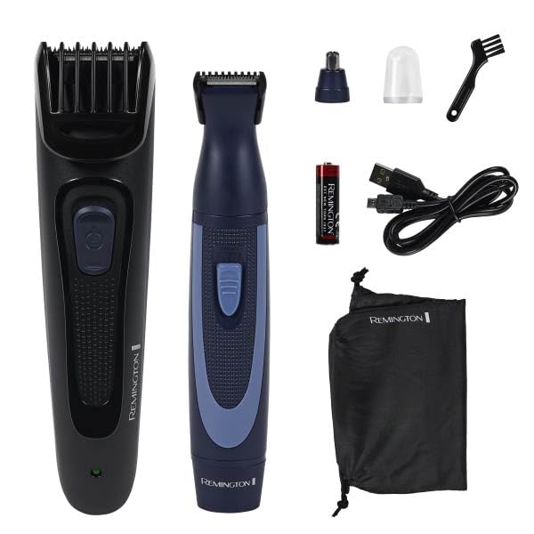 Rechargeable Beard Trimmer Kit with Nose & Detail Trimmer - Adjustable Length, Travel Pouch