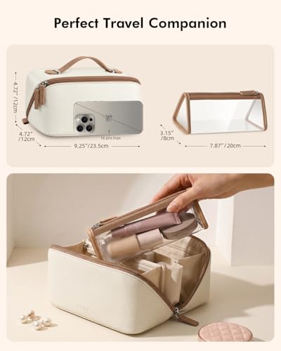Travel Makeup Bag Set with Waterproof Vegan Leather & Extra Pouches - Classic Beige