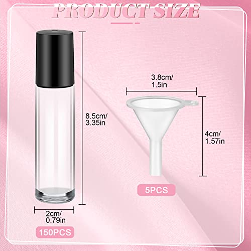 96 Pcs Essential Oil Roller Bottles 10ml Empty Glass Roller Bottles with Stainless Steel Balls Protection Leakproof with 5 Funnel for Travel Perfume Lip Gloss(Clear, Black Lid)