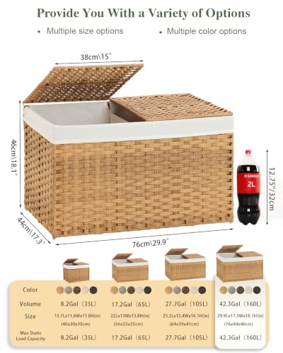 Large PE Rattan Storage Basket with Lid - Natural, 160L Capacity, with Removable Linings