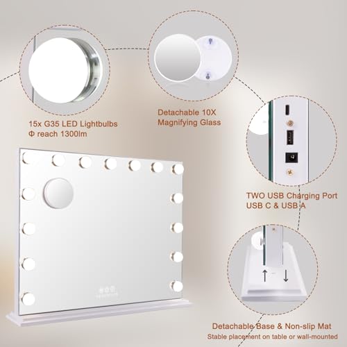 FENCHILIN Vanity Mirror with Lights, Hollywood Lighted Makeup Mirror with 15 Dimmable LED Bulbs for Dressing Room & Bedroom, Slim Metal Frame Design, White