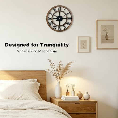 16 Inch Rustic Wall Clock - Silent Wooden Farmhouse Decor with Roman Numerals