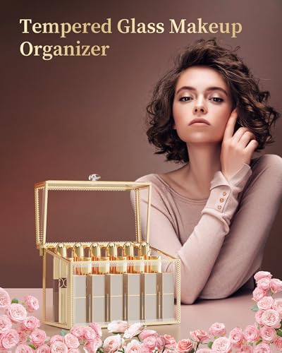 CoralHouse Glass Lipstick Organizer with Lid - Gold 18-Slot Vanity Storage
