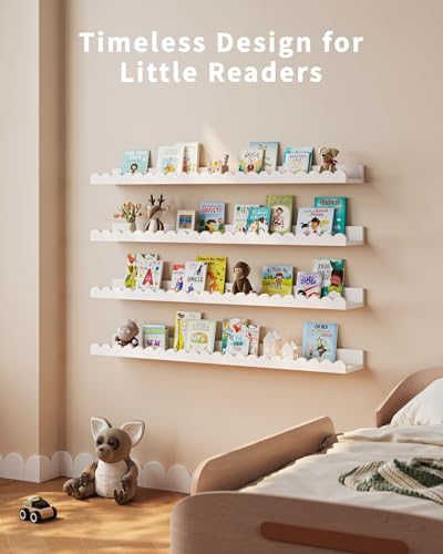 White Nursery Book Shelves 36 Inches - Set of 4 Floating Wall Shelves for Kids Room