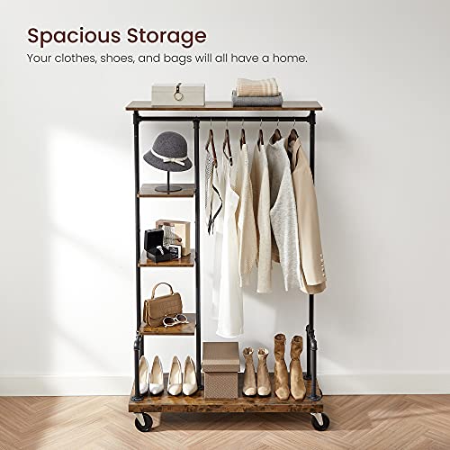 VASAGLE 5-Tier Industrial Clothes Rack on Wheels, Rustic Metal & Wood Garment Organizer