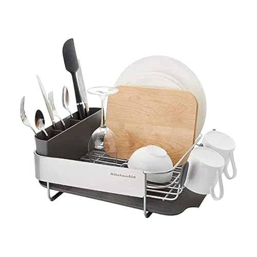KitchenAid Compact Gray Dish Rack - Space Saving Rust-Resistant with Drain Board & Flatware Caddy - 16.06-Inch