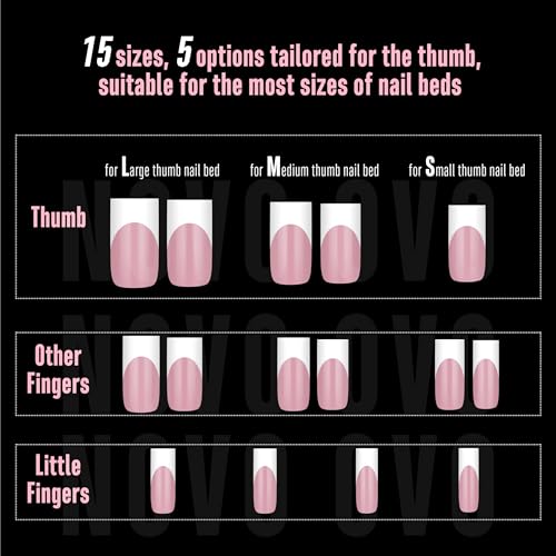 NOVO OVO Sharp Square White French Tip Nail Tips Berry Pink Set – Medium, 15 Sizes, Thick Soft Gel Fake Nails for Salon & DIY