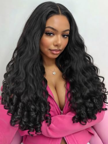 Black Yaki Curly V Part Wig 24 Inch Loose Wave Bouncy Curl Ends - Black