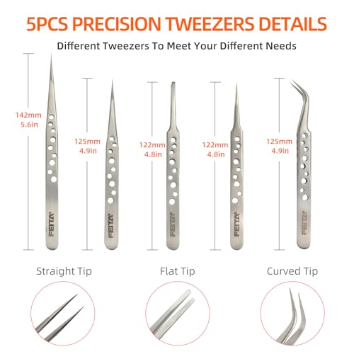 FEITA Precision Tweezer Set - Tweezers for Crafts, Jewelry, Lash Extensions, Electronics & Hobby Tools