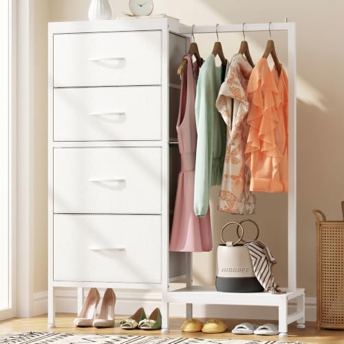 Tall Dresser with Hanging Clothes Rack - White, 44"H, 4 Drawers, Reversible Storage Tower