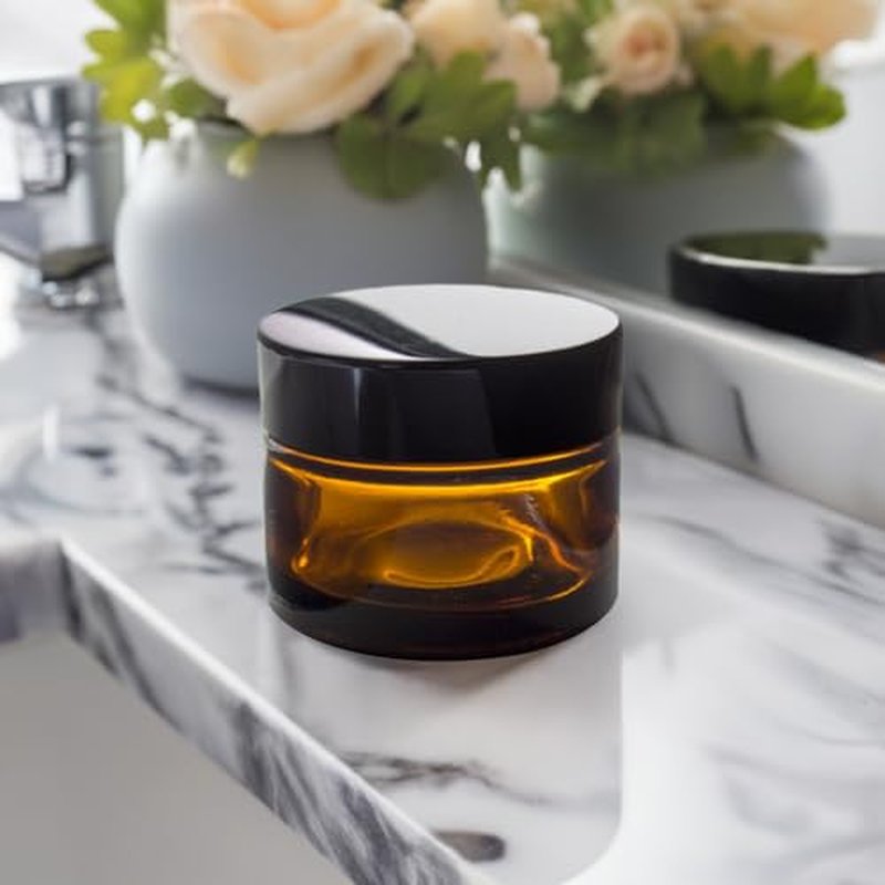 (6 Pack) 1 oz Amber Glass Thick Heavy Wall Balm Jar with Black Lids