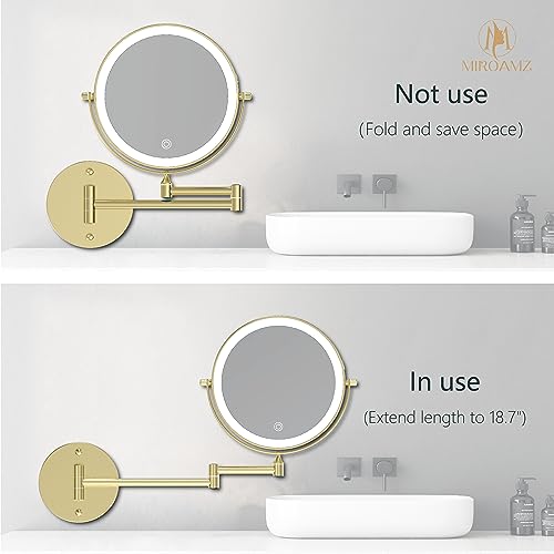 Rechargeable Wall Mounted Lighted Makeup Vanity Mirror 8 Inch Double Sided 1X 10X Magnifying Bathroom Mirror, 3 Color Lighting, Touch Screen Dimming, 360 Rotation Shaving Mirror Gold