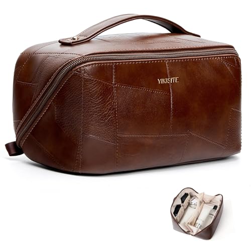 Yikisite Boho Brown Medium Makeup Bag – Travel Toiletry Organizer with Divider, Waterproof PU Leather