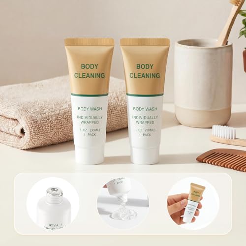 Mini Travel Body Wash, Individually Wrapped Travel Size Bulk 1 Shower Gel Set, Trial Sample Small Single Use Men Women Toiletries Amenities for Hotel/Camping/Vacation/Homeless 1 Fl Oz (Pack of 60)