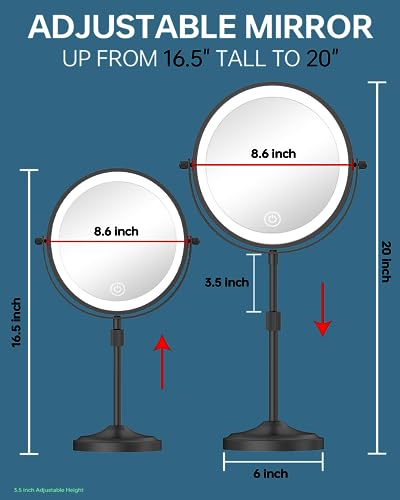 Erlingeryi 9-Inch Lighted Makeup Mirror with 1X/10X Magnification - Black, 10x Variant Included