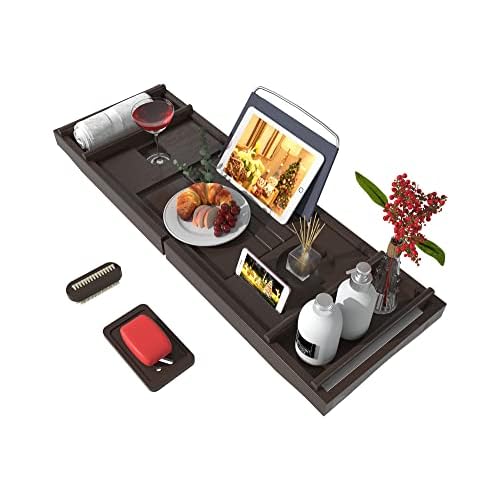 Bathtub Caddy Tray for Luxury Bath - Bamboo Waterproof Expandable Bath Table Over Tub with Wine and Book Holder and Free Soap Dish (Brown)