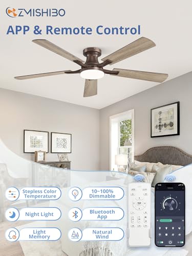 52 Inch Ceiling Fan with Lights - Remote & App Control, Flush Mount, Brown