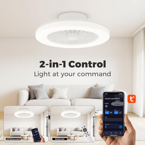 18.9-Inch RGB Flush Mount Ceiling Fan with Light, 6 Speeds, 3 CCT Colors, Timer - White / 3CCT RGBCW
