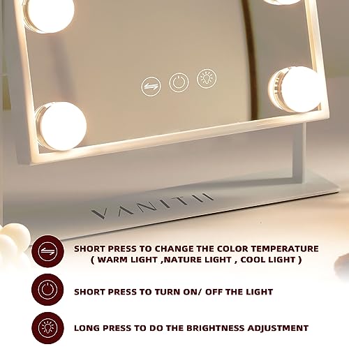 VANITII Vanity Mirror with Lights Hollywood Lighted Makeup Mirror with 9 Dimmable Bulbs Smart Touch Control 3 Colors Light for Bedroom, Detachable 10X Magnification, 360¡ÆRotation