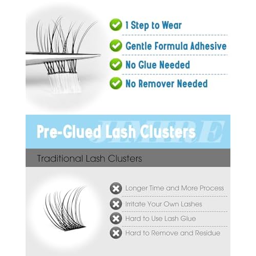 JIMIRE Natural Self Adhesive Eyelashes Wispy Pre Glued Lash Clusters No Glue Needed Press on Lashes Reusable Self Adhesive Lash Clusters Easy to Apply 9-12MM 108Pcs Pack
