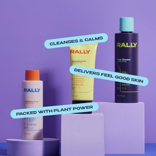 RALLY Clean Plant Powered Daily Face Routine | Healthy Skin Essentials | Teens + Athletes All Skin Types | Face Cleanser 6oz, Exfoliating Toner 4oz, Clearing Moisturizer 2oz