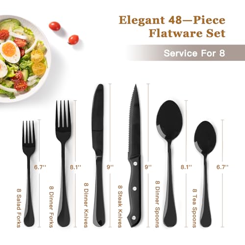 48-Piece Silverware Set with Steak Knives - Black Flatware for 8 - Food-Grade Stainless Steel - Elegant Mirror Finish