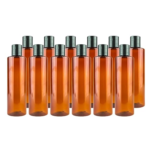 Plastic Amber Bottles (Pack of 12) - 16oz Amber Plastic Bottle with Screw Caps; Used as Reusable Shampoo, Lotion, Travel, Body Wash Container
