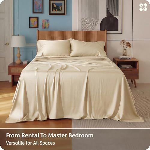 King Size Bamboo Rayon Sheets Set - Light Beige, Breathable & Silky Soft