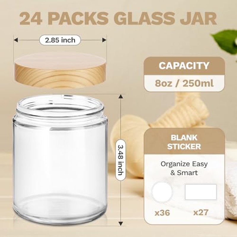 24Pcs 8 oz Clear Glass Candle Jars with Plastic Woodgrain Lids, Bumobum Body Butter Containers for Lotion, Creams, Body Scrubs, Ointments (240ml)