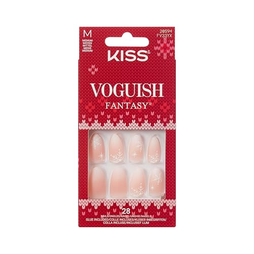 KISS Voguish Fantasy Holiday Press On Nails Almond, ¡®Sleigh All¡¯, Nude, Medium Length, No Damage To Natural Nails, Pink Gel Nail Glue (2g), Mini Nail File, Manicure Stick, & 28 Fake Nails