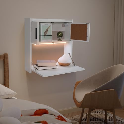 ARTETHYS White Wall-Mounted Folding Desk with LED Light and Storage