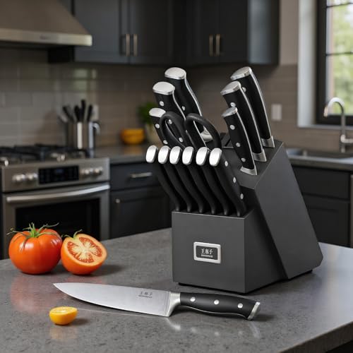 WANGMAZI Black Pro 15-Piece Kitchen Knife Block Set with High Carbon Steel