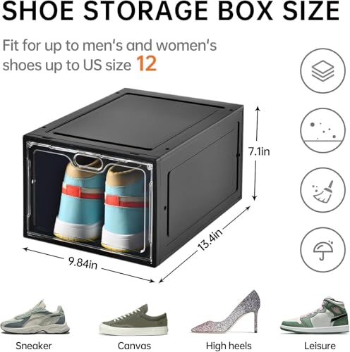 INSTY 12 Pack Black Stackable Clear Shoe Storage Boxes with Magnetic Doors - Fits US Size 12