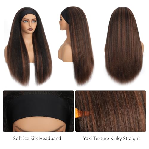 20 Inch Kinky Straight Headband Wig for Black Women 1B/30 Ombre Brown