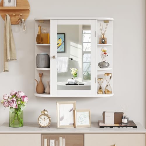 White Bathroom Medicine Cabinet with Mirror, Wall Mounted Storage Organizer, 4 Shelves & 6 Side Shelves