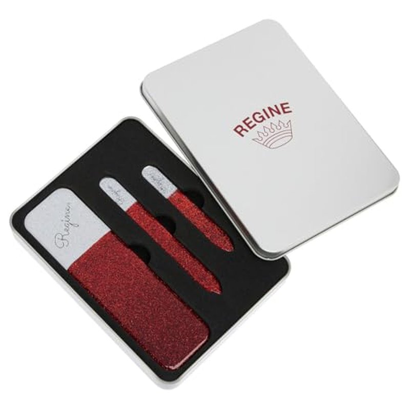 3pc Nano File Set: Professional Heavy Duty Glass Nail Files with Case Kit - Reusable Crystal Fingernail Manicure and Pedicure Tools for Men, Women, and Adults (Red Shimmer)
