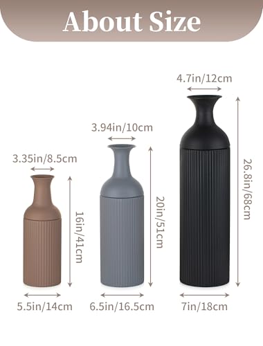 Sziqiqi Earth Tone Tall Metal Floor Vase Set - Large Ribbed Standing Decor, 3-Piece