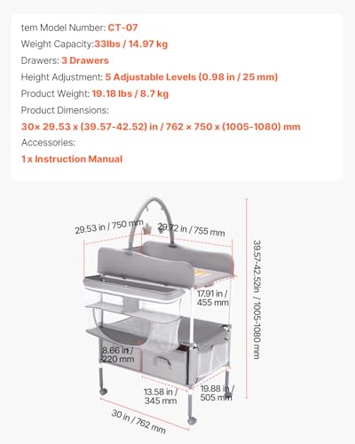 VEVOR Baby Changing Table Foldable Diaper Station with Storage & Adjustable Height - Light Gray