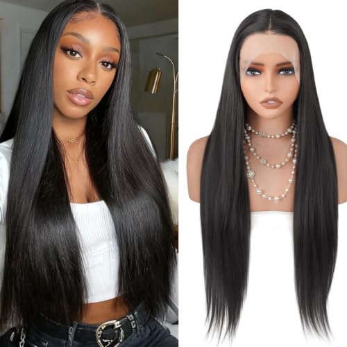 Long Straight Synthetic Lace Front Wig for Black Women 13x4 HD Transparent Cap - Black, 30 Inch