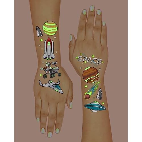 xo, Fetti Space + Planets Glow in Dark Temporary Tattoos for Kids - 50 pcs | Alien Birthday Party Supplies, Astronaut Favors + Rocket ship Decorations